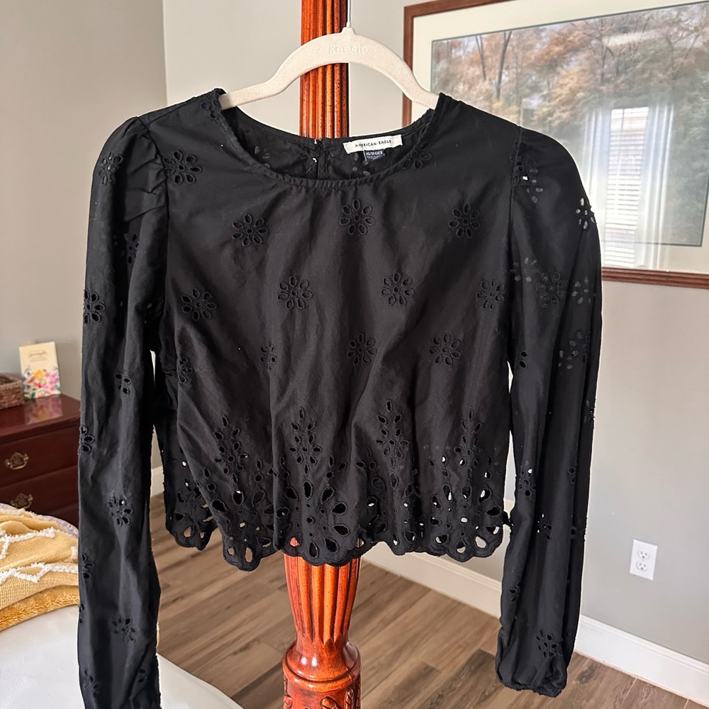 American Black Eyelet Long Sleeve Blouse